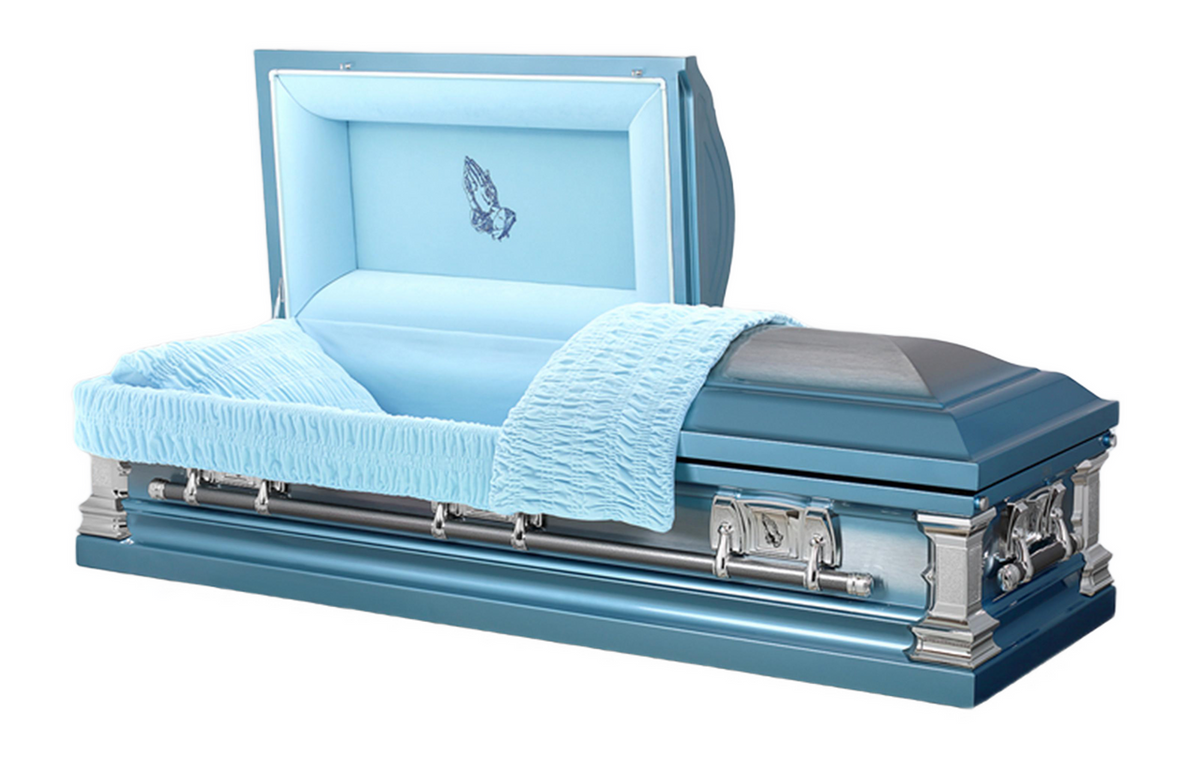Sanctuary Praying Hands Casket with Blue Velvet Interior - Stainless Steel Casket