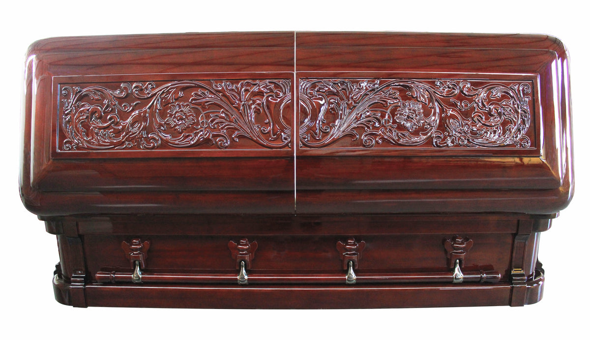 Mayfield Solid Mahogany Carved Top with Almond Velvet Interior - Wood Casket
