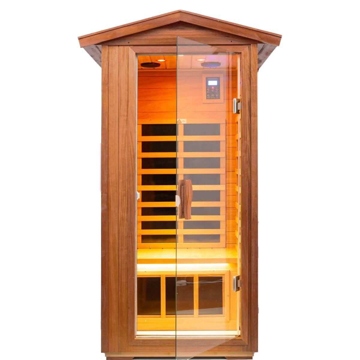 Wearwell-901VT 1 Person Outdoor Ultra-Low EMF Far Infrared Sauna in Mahogany | Strong Weather Resistance